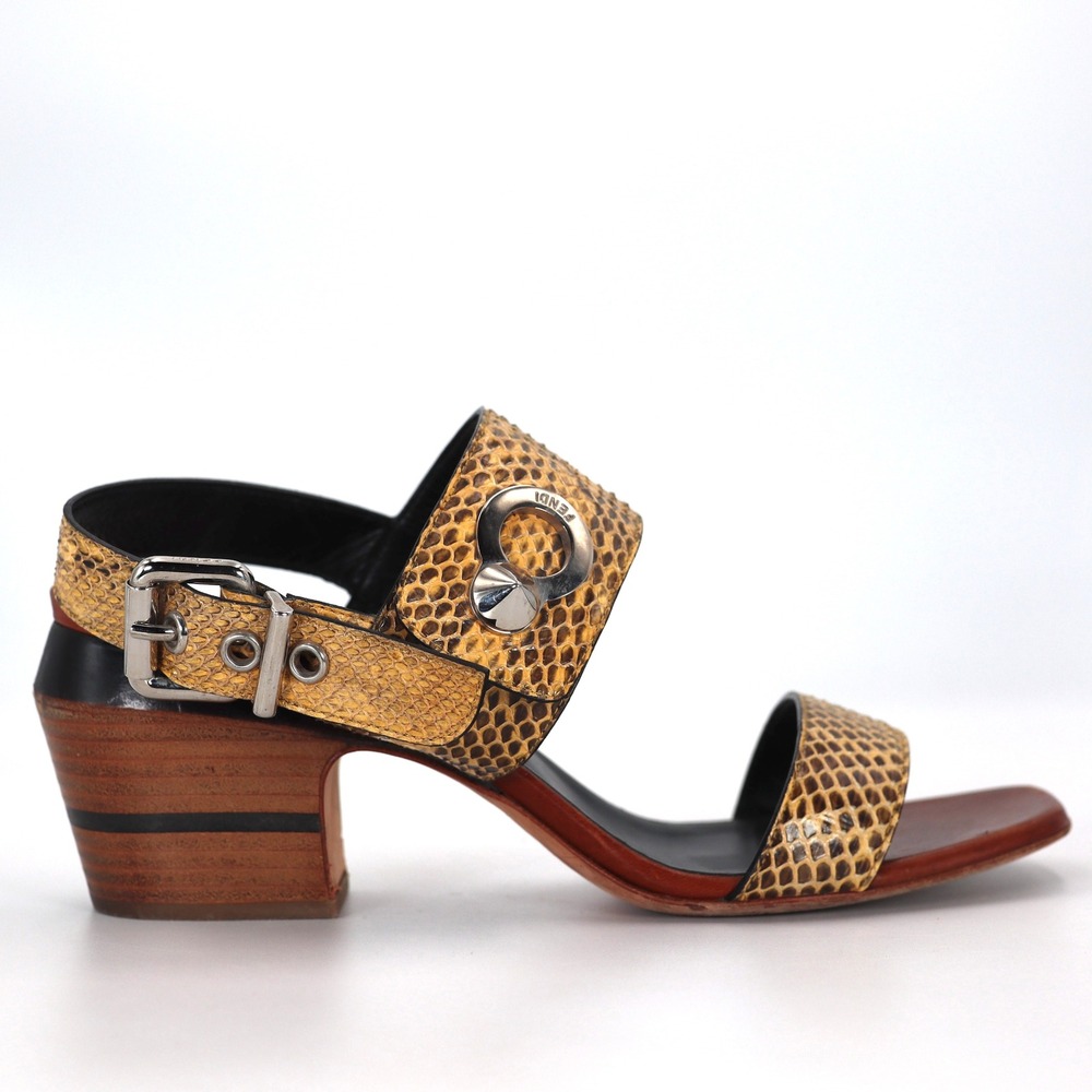 Fendi Block Heel Sandals Womens 37.5 Yellow Snakeskin Embossed Leather Italian